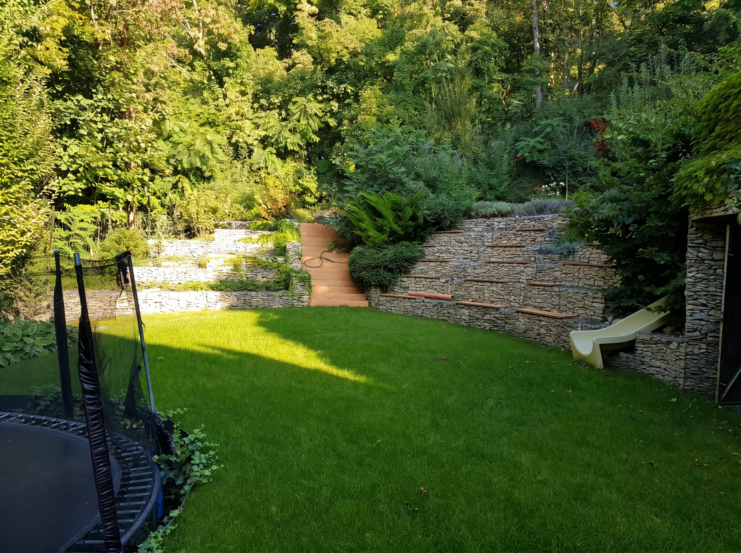 Modern gabion támfal kertben, sziklakerti növényekkel
